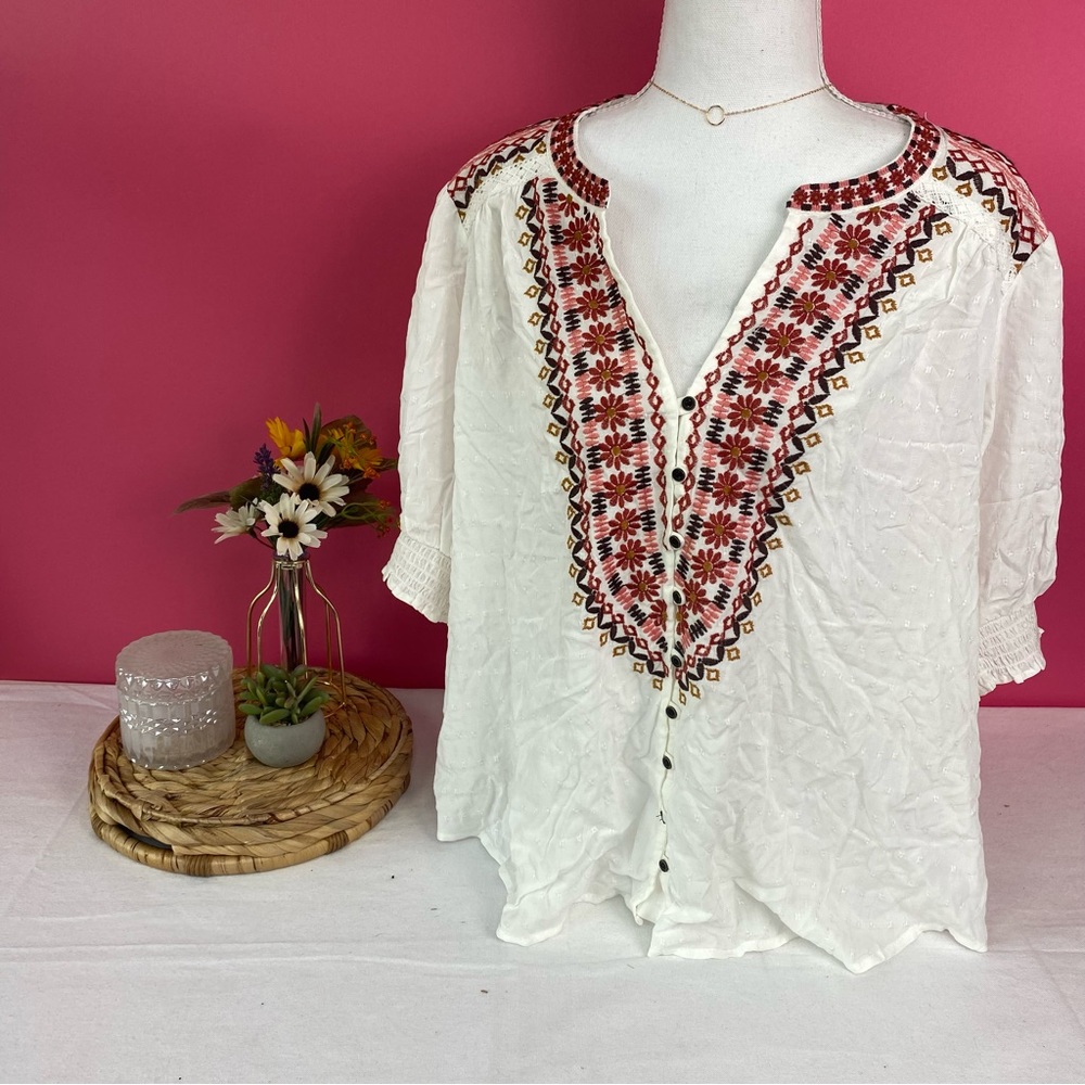 Embroidered White Blouse with Red Accents